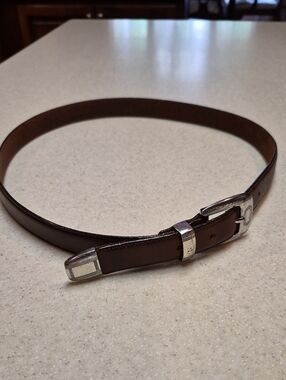 Classic Brown Leather Belt with Silver Tone Buckle , Keeper & Tip.
